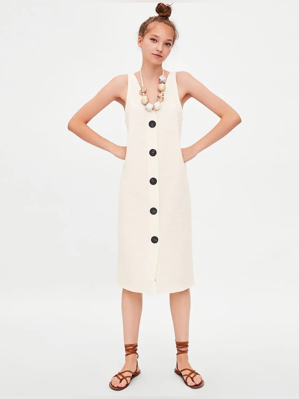Zara Trafaluc Cream Textured Button Front Sleeveless Dress Size Large